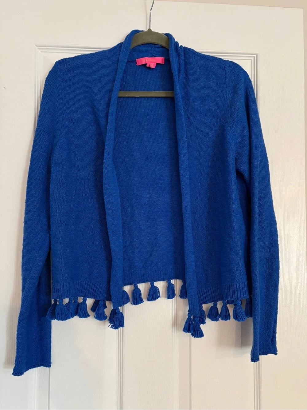 EUC Lilly Pulitzer Faretta Cardigan Royal Blue Tassel Trim Open Cardigan Size M